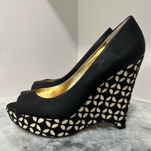 Beverly Feldman Funkie Wedge Platform in Black/Natural cutout Size 10 NIB NWT